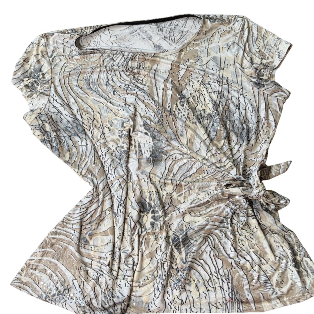 Y2K Club Sequin Abstract Swirl Print Side Tie Knot  Short Sleeve L